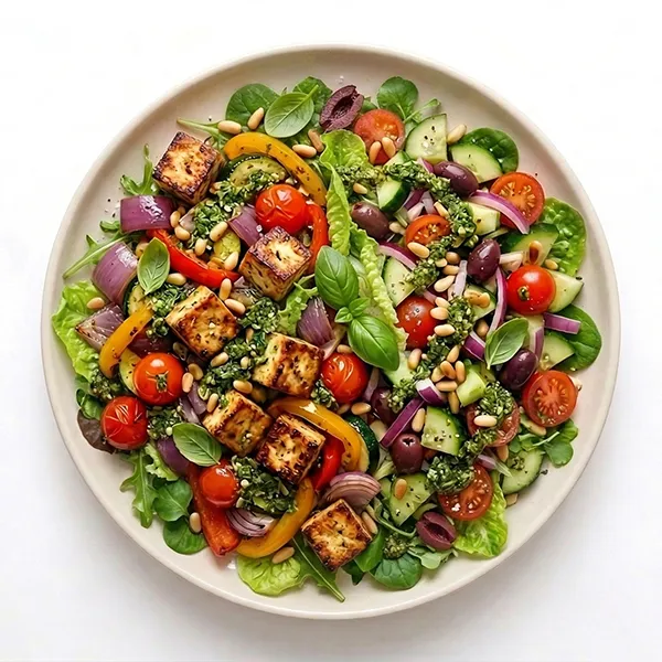 Roasted Tofu And Mediterrian Veggie Salad With Herby Pesto